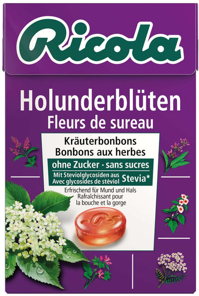 Ricola Elderflower Lozenges, cough and sore throat herbal lozenges without sugar, with stevia, box 50 g.