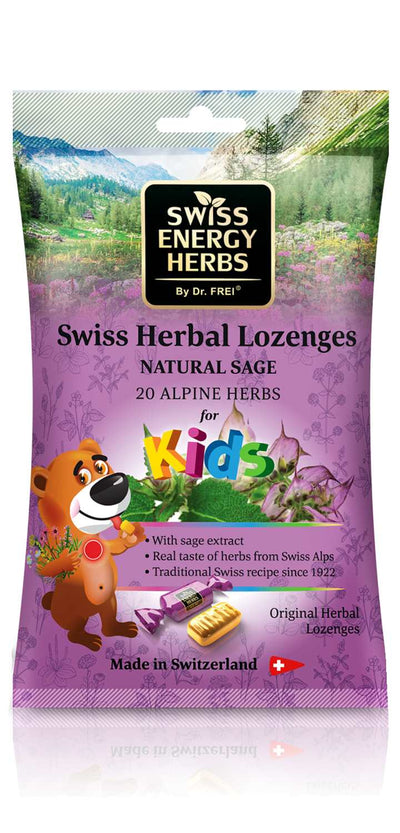 Swiss Energy, Sage, 20 Alpine herbs, lozenges for kids against sore throat and stuffy nose, 20 herbal lozenges