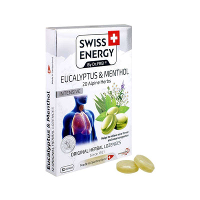 Swiss Energy, Eucalyptus and Menthol, 20 Alpine herbs, lozenges against sore throat and stuffy nose, 12 herbal lozenges