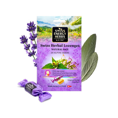 Swiss Energy Herbs®, 20 alpine herbs, natural sage, cough and sore throat lozenges, 55g.