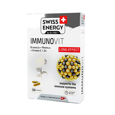 Swiss Energy, ИМУНОВИТ Ехинацея + Прополис + Витамин C + Zn за повишаване на имунитета, 30 капсули с продължително освобождаване