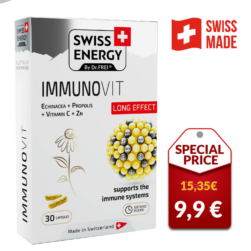 Swiss Energy, ИМУНОВИТ Ехинацея + Прополис + Витамин C + Zn за повишаване на имунитета, 30 капсули с продължително освобождаване