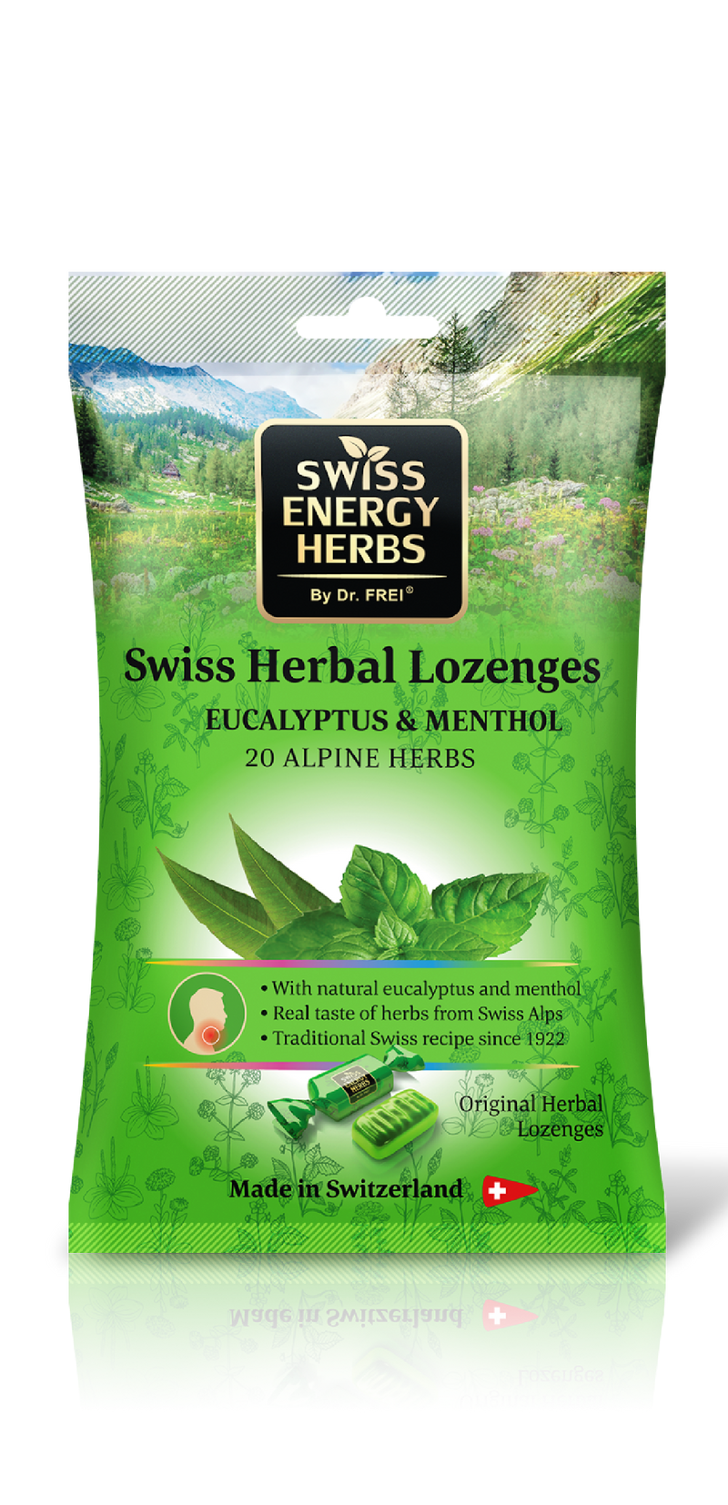 Swiss Energy, Мед, 20 алпийски билки, таблетки за смучене против болки в гърлото и запушен нос, 12 билкови таблетки за смучене