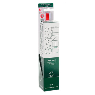 SWISSDENT BIOCARE Combo Pack - Dentifricio sbiancante e rigenerante, 50 ml e spazzolino professionale colori