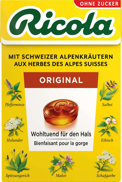 Ricola Original Lozenges, cough and sore throat herbal lozenges without sugar, with stevia, box 50 g.
