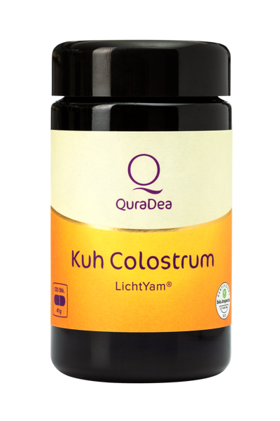 QuraDea Raw Cow Colostrum med LichtYam probiotika baserad på kocolostrum med LichtYam-tillskott, 120 kapslar