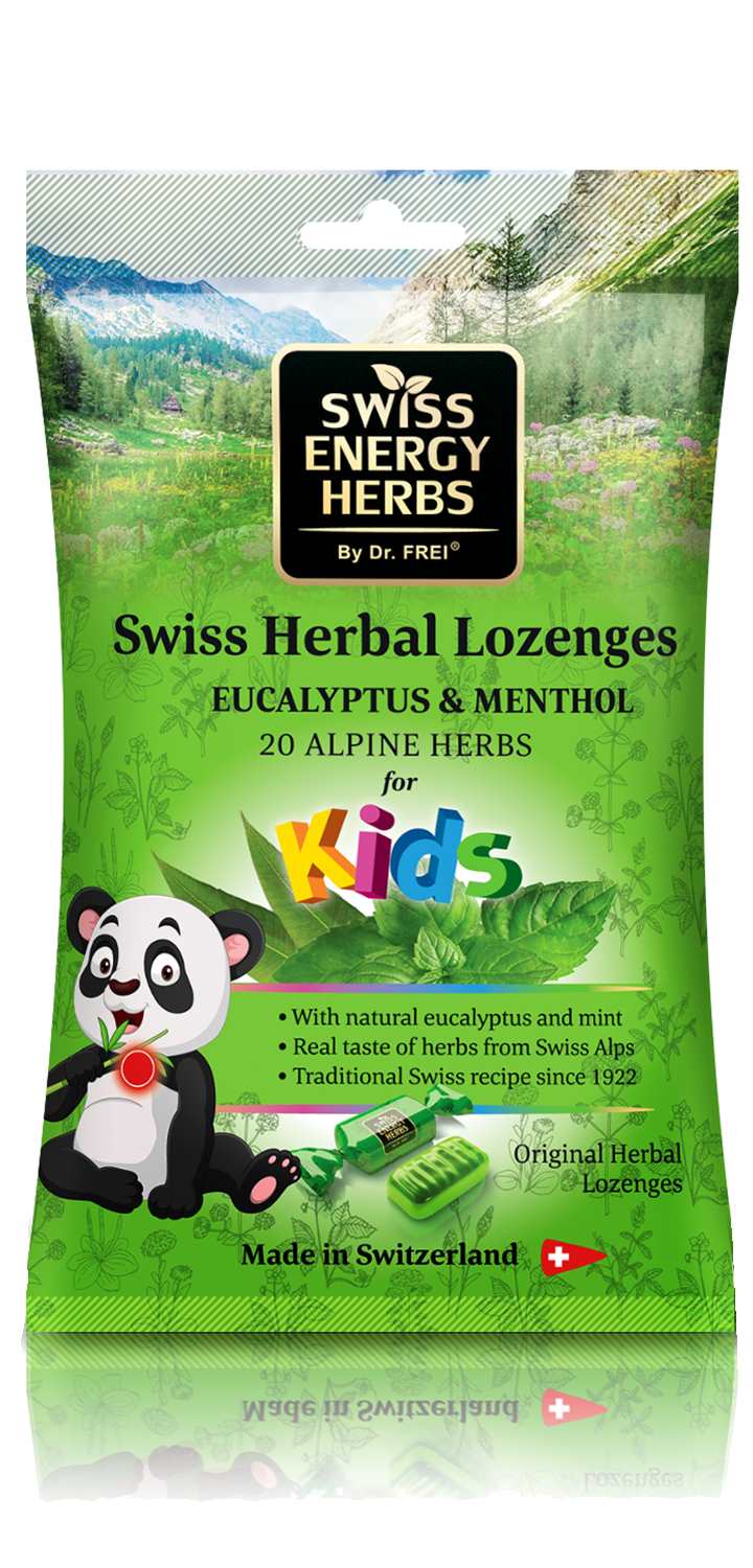 Swiss Energy, Eucalyptus and menthol, 20 Alpine herbs, lozenges for kids against sore throat and stuffy nose, 20 herbal lozenges