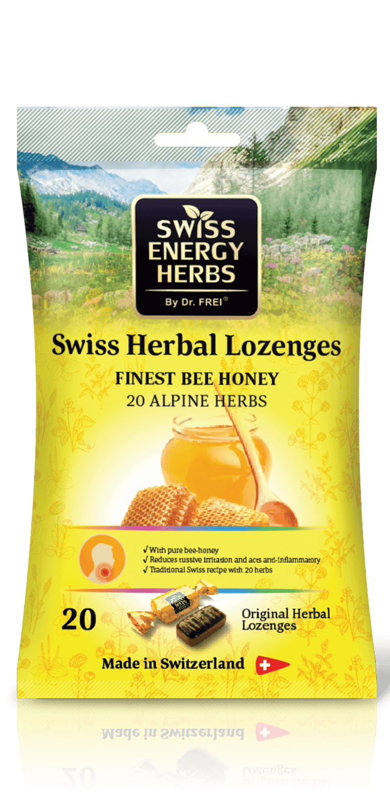 Swiss Energy Herbs®, 20 alpine herbs,herbal-honey, cough and sore throat lozenges, 55g.