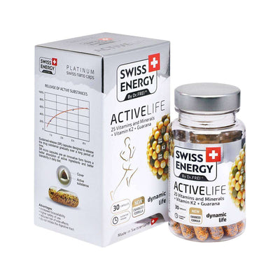 Swiss Energy, ACTIVELIFE 25 vitamins and minerals + vitamin K2 + guarana, 30 sustained-release capsules