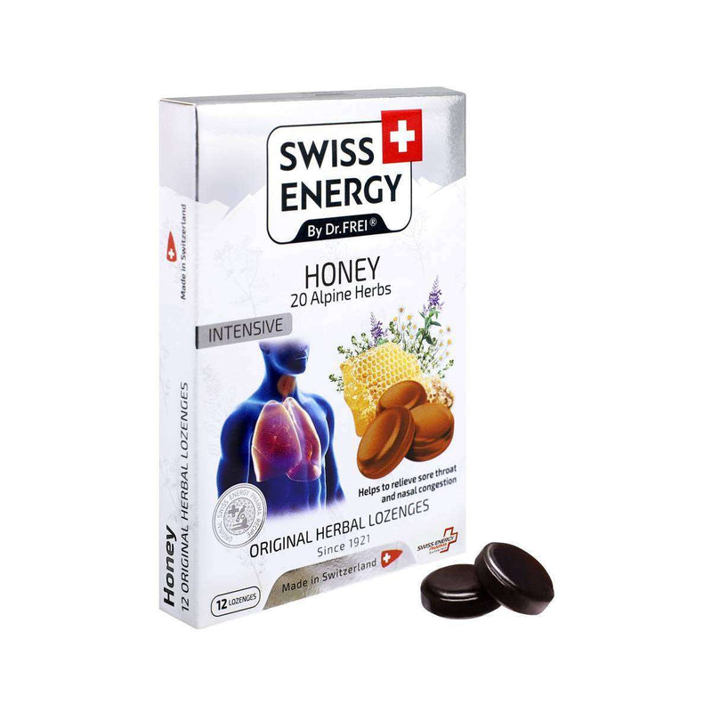 Swiss Energy, Honey, 20 Alpine herbs, lozenges against sore throat and stuffy nose, 12 herbal lozenges