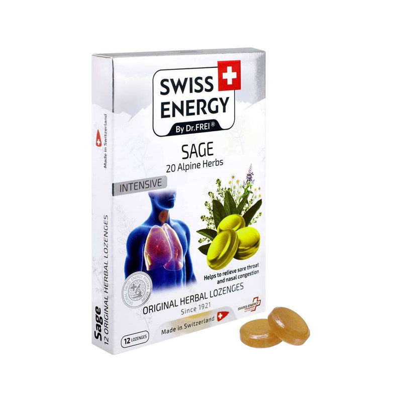 Swiss Energy, Sage, 20 Alpine herbs, lozenges against sore throat and stuffy nose, 12 herbal lozenges