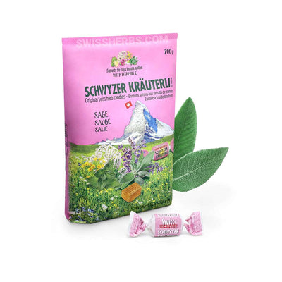 Swiss Monte - SCHWYZER KRÄUTERLI, cough and sore throat herbal lozenges, 20 herbs with sage flavor, 200g.