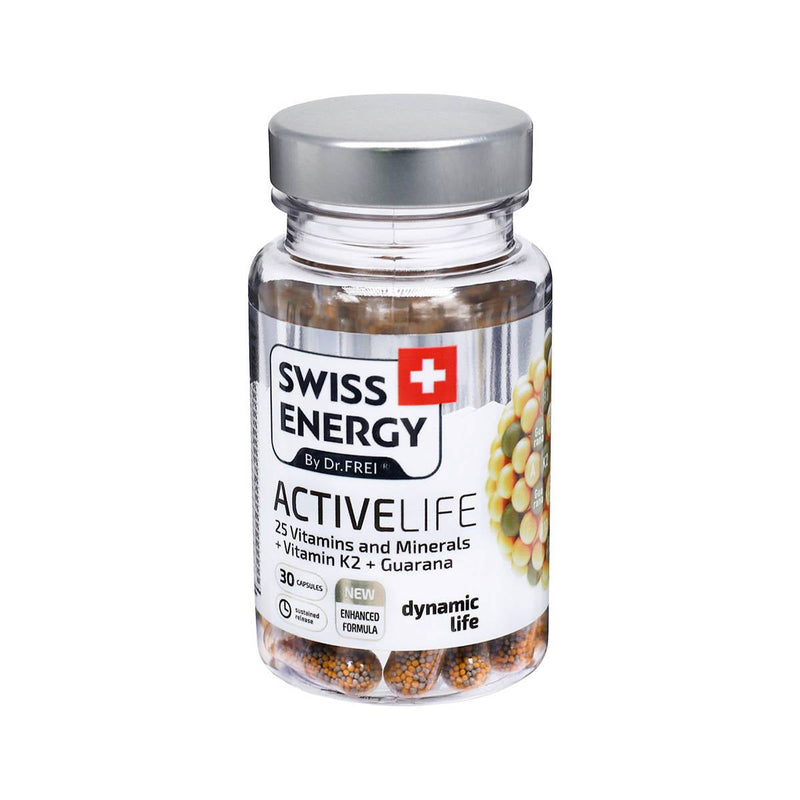 Swiss Energy, ACTIVELIFE 25 vitaminer och mineraler + vitamin K2 + guarana, 30 kapslar med fördröjd frisättning