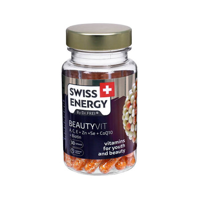 Swiss Energy, BEAUTYVIT-kompleks til ungdom og skønhed med vitamin A, C, E + Zn + Se + CoQ10 + Biotin, 30 depotkapsler