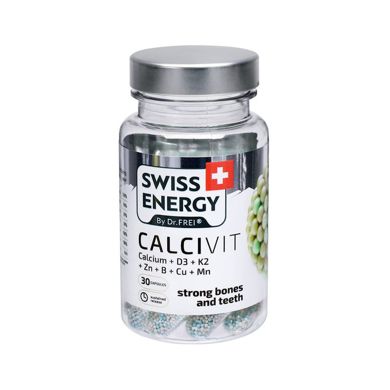 Swiss Energy, CALCIVIT Calcium + Vitamin D3 + Vitamin K2, för starka ben och tänder, 30 kapslar med fördröjd frisättning