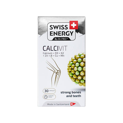 Swiss Energy, CALCIVIT Calcium + Vitamin D3 + Vitamin K2, til stærke knogler og tænder, 30 depotkapsler