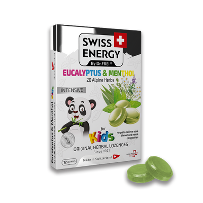 Swiss Energy, Eucalipto e mentolo, 20 erbe alpine, pastiglie per bambini contro mal di gola e naso chiuso, 12 pastiglie alle erbe