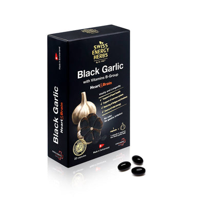 Swiss Energy Herbs, Black Garlic екстракт от черен чесън с витамини от група В, 20 капсули