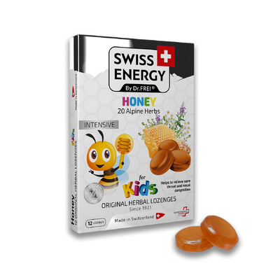 Swiss Energy, miele, 20 erbe alpine, pastiglie per bambini contro mal di gola e naso chiuso, 12 pastiglie alle erbe