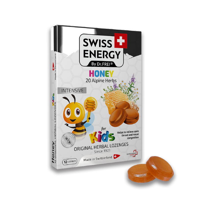 Swiss Energy, miele, 20 erbe alpine, pastiglie per bambini contro mal di gola e naso chiuso, 12 pastiglie alle erbe