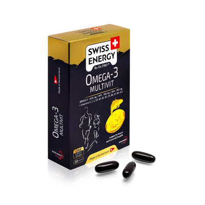 Swiss Energy, OMEGA-3 MULTIVIT, Omega-3 fettsyrakomplex och 12 viktiga vitaminer, 30 kapslar