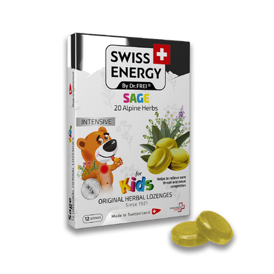 Swiss Energy, Sage, 20 Alpine herbs, lozenges for kids against sore throat and stuffy nose, 12 herbal lozenges