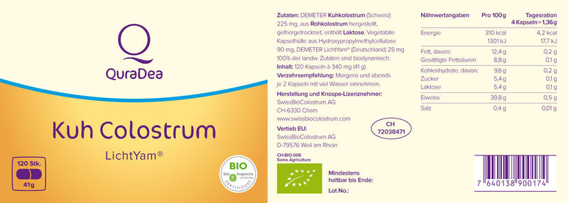 QuraDea Raw Cow Colostrum med LichtYam probiotika baseret på ko colostrum med LichtYam supplement, 120 kapsler