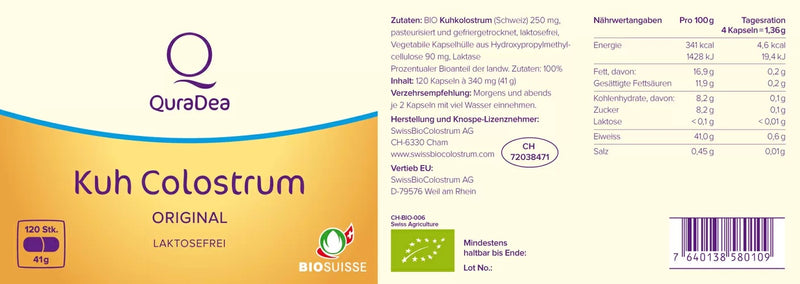 QuraDea Bio Colostrum Specialprobiotika baserad på kokolostrum med 3 sorters enzymer, 120 kapslar