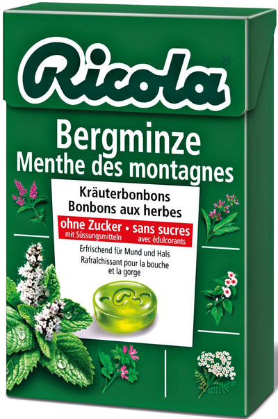 Ricola Mountain Mint Lozenges, cough and sore throat herbal lozenges without sugar, box 50 g.